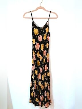 Vintage Betsey Johnson Black Floral Slip Dress 90s Y2K Bias Cut Midi